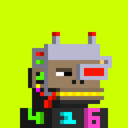 A pixel art illustration of a cyborg or robotic character with a metallic face, red and green technological details, and a yellow visor, set against a bright green background with a black banner at the bottom.
