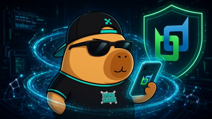 A cartoon capybara wearing sunglasses and a "Mind Share" shirt holds a smartphone, with a glowing shield logo and a "B" branded device beside it, set against a cyberpunk tech backdrop. The post discusses the need for privacy-focused L1 blockchains versus bolt-on mixers, with the image visually reinforcing the theme of secure, shielded transactions in crypto.