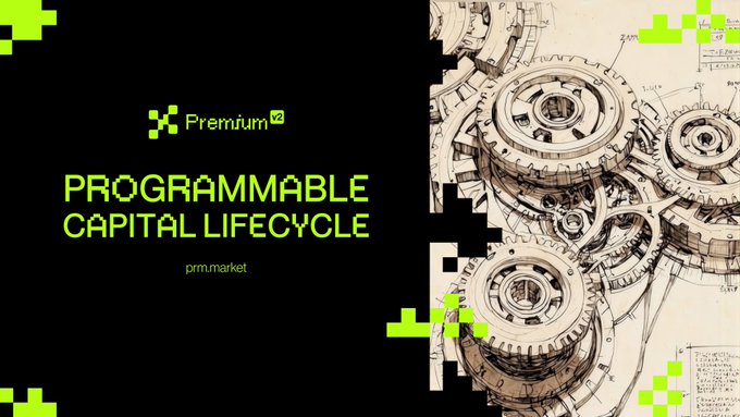 A graphic advertisement for "Premium P2" featuring a technical illustration of interlocking gears on the right side, with the headline "PROGRAMMABLE CAPITAL LIFECYCLE" and the website "prm.market" displayed in neon green text against a black background on the left. The image's mechanical imagery of precisely controlled gears visually reinforces the post's discussion of programmatic capital management on launchpads, contrasting static, permanently locked LP designs with dynamic, machine-like precision in liquidity handling.