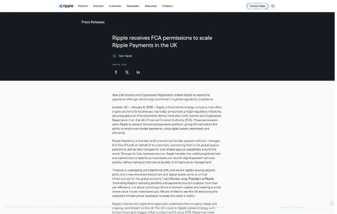 A press release from Ripple dated January 8, 2026, announces that the FCA has granted the company permissions to expand Ripple Payments in the UK under the Financial Conduct Authority's regulatory framework. The screenshot shows the headline "Ripple receives FCA permissions to scale Ripple Payments in the UK" alongside the article's opening paragraphs detailing the milestone for the crypto and payments industry.