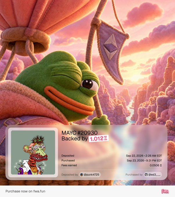 An NFT listing for MAYC #2090 backed by 1.012Ξ, featuring a 3D-style Pepe the Frog character in a hot air balloon, deposited by @punk4725 and purchased by @ed3____.