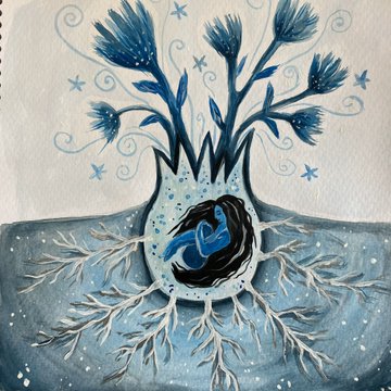 A watercolor painting in blue tones depicts a stylized vase with thistle-like flowers and intricate roots, with a small blue bird nestled inside the vessel, evoking a melancholic, dreamy atmosphere that matches the post's "feeling blue" caption.