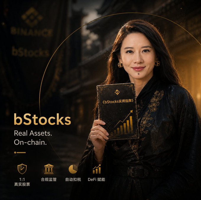 An advertisement for "bStocks" with the tagline "Real Assets. On-chain." featuring a woman in dark clothing holding a tablet displaying an upward chart, with icons below indicating 1:1 real stocks, regulatory compliance, auto tax, and DeFi empowerment.