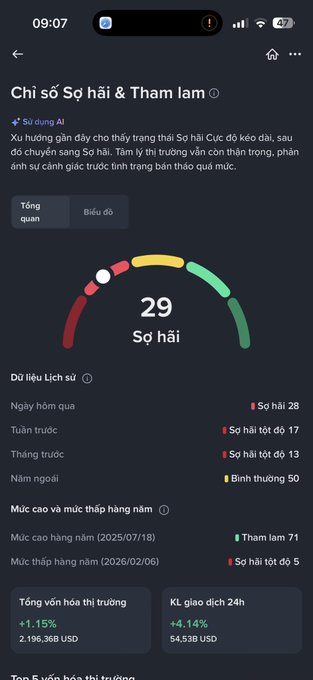 A Vietnamese mobile app screen displays the 'Fear & Greed Index' (Chỉ số Sợ hãi & Tham lam) at 29, indicating 'Fear', with historical data and a market cap of 2.196,368 USD.