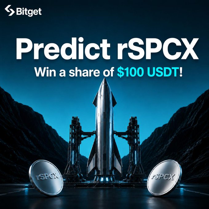 The image is a Bitget promotional graphic featuring a futuristic rocket and rSPCX-branded coins with the text "Predict rSPCX - Win a share of $100 USDT!", which ties to the post announcing 20 winners of the rSPCX Price Prediction Challenge who each earned 5 USDT.