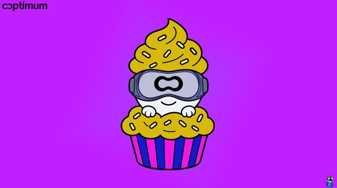 A cartoon mascot of a cupcake with yellow frosting, sprinkles, and a face wearing VR goggles on a purple background with the "Optimium" logo.