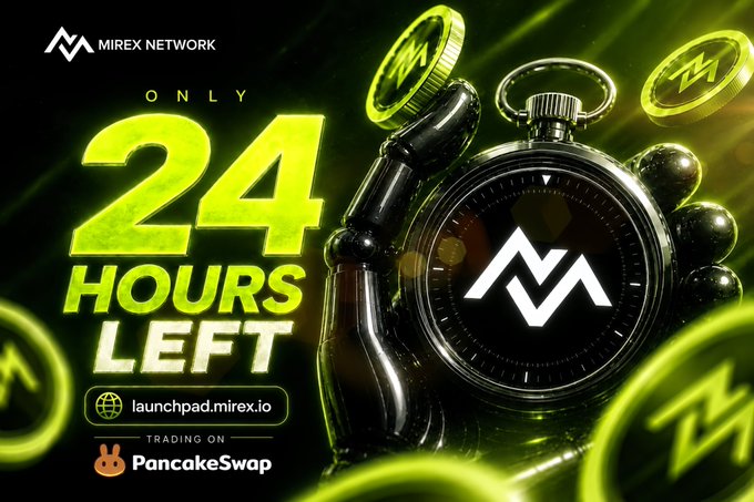 A promotional banner for Mirex Network (MRX) shows a gloved hand holding a pocket watch against a dark green background with floating MRX coins, featuring bold text reading "ONLY 24 HOURS LEFT" alongside the URL launchpad.mirex.io and a PancakeSwap trading logo. The countdown imagery directly reinforces the post's message about being one day away from the Token Generation Event (TGE) and the start of trading on PancakeSwap.