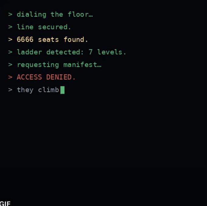 A terminal interface shows green text with "dialing the floor…", "line secured.", "6666 seats found.", "ladder detected: 7 levels.", "requiring manifest…", a red "ACCESS DENIED.", and the line "they climb" with a green cursor. The image metaphorically represents the risky, permission-locked process of bridging crypto tokens between chains, which the post describes as fragile and dependent on trust.