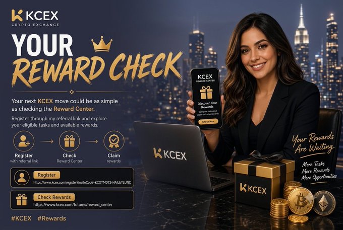 A promotional graphic for KCEX Crypto Exchange advertising a 'Reward Check' program with a referral link, featuring a smiling woman holding a smartphone.