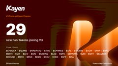 A red-themed promotional graphic for Kayen announcing the '29 New Fan Tokens Joining V3,' listing numerous token tickers like RENDER, NEAR, SHIB, EIGEN, and others on ShapeNetwork.