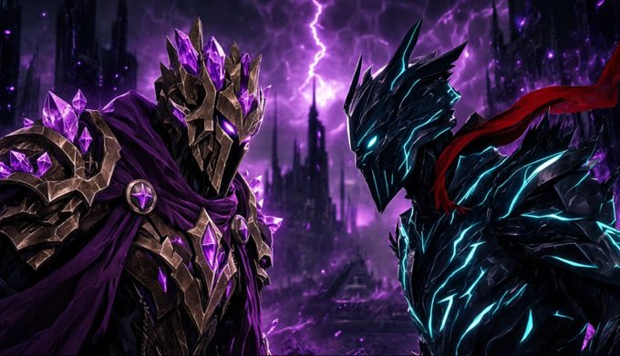 A dramatic fantasy scene depicts two armored warriors facing each other beneath a stormy purple sky—the left figure adorned in ornate gold armor with glowing purple crystals, and the right a sleek, dark knight radiating cyan energy—visually representing the epic "Nobodies VS VYRA" collaboration and free mint event teased in the post.