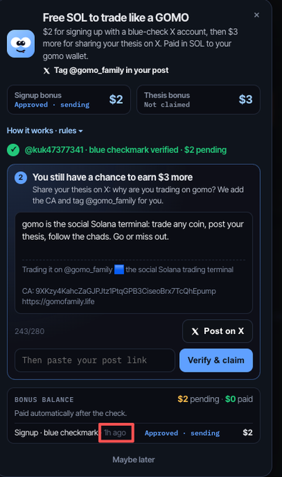 A screenshot of a website offering to "trade like a GOMO" for SOL cryptocurrency, showing signup and thesis bonuses, with a red box highlighting "1h ago" at the bottom.