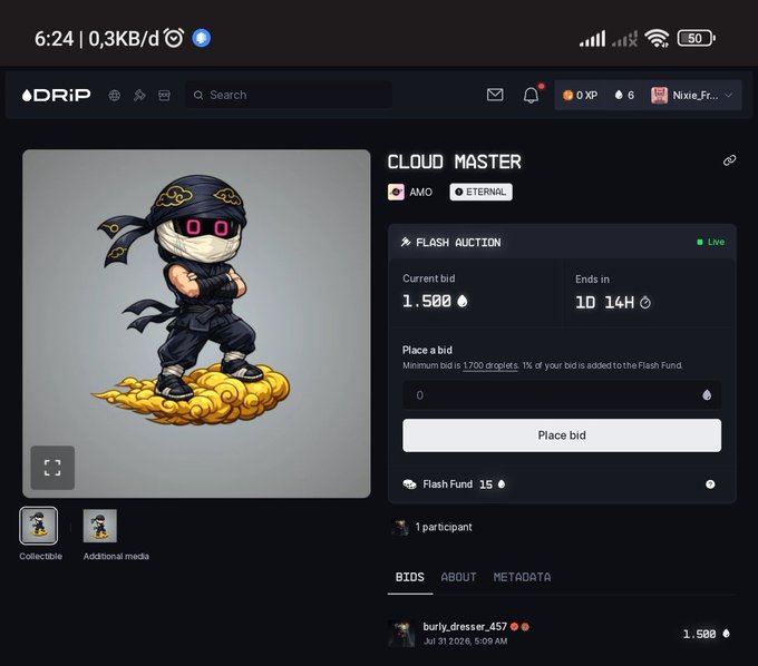 A DRIP platform screenshot showing a 'Cloud Master' NFT flash auction with a current bid of 1.500, ending in 1D 14H, featuring a ninja character on a golden cloud.