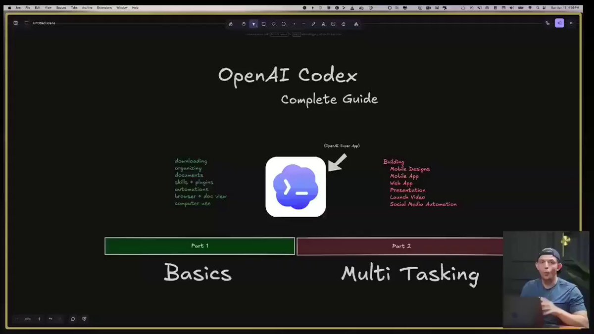The image shows a man giving a presentation about OpenAI Codex, which is an open-source code editor. The man is standing next to a computer screen displaying the Codex project page. The Codex project page has a tutorial video playing on the screen, providing instructions and information for using the code editor.