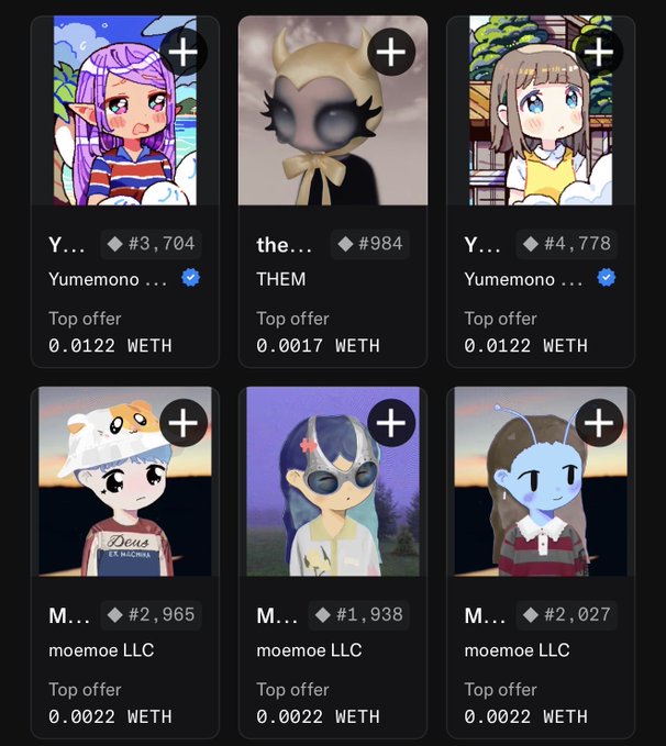 A mobile NFT marketplace interface displays six cartoon-style character avatars with prices in WETH, including listings from 'Yumemono' (#3,704, #4,778) and 'moemoe LLC' (#2,965, #1,938, #2,027), plus 'THEM' (#984).