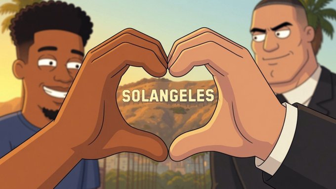An animated illustration of two men making a heart shape with their hands around the word 'SOLANGELES' with the Hollywood sign in the background.