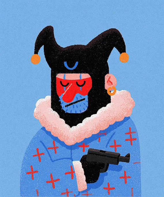A textured digital illustration depicts a jester-like figure wearing a black horned hat with orange bells, a ruffled white collar, and a blue robe patterned with red crosses, holding a black handgun. The character has a melancholic expression with a tear, fitting the quirky, edgy aesthetic of the BUFO Island NFT collection mentioned in the post.