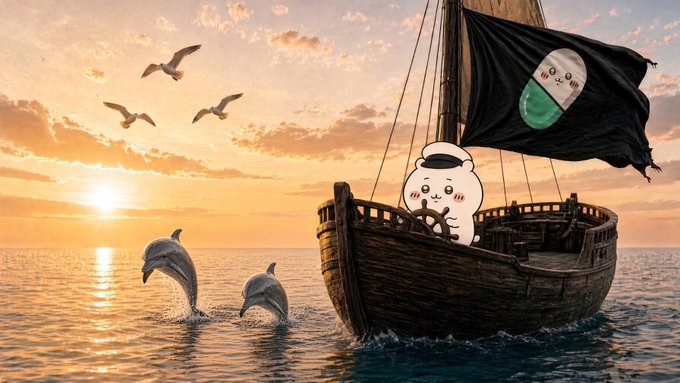 A sunset scene at sea with a pirate ship flying a black flag featuring a cartoon mascot, with dolphins leaping out of the water and seagulls flying overhead.