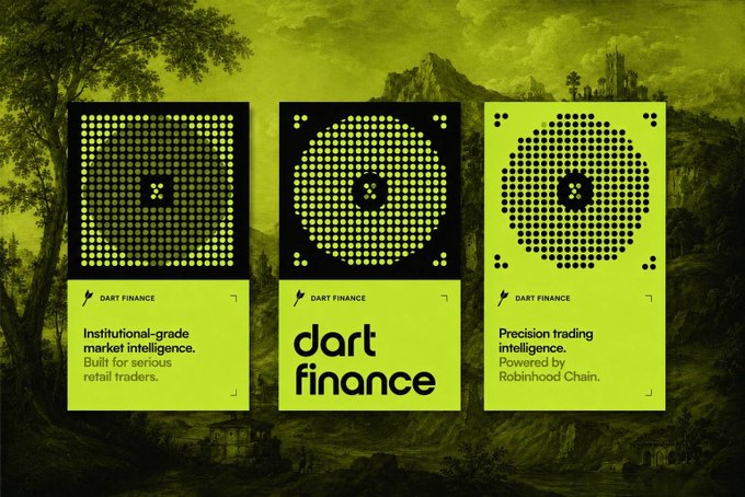 A triptych of neon-green Dart Finance trading cards overlaid on a classical landscape painting, featuring halftone-dot patterns and the text "dart finance," "Institutional-grade market intelligence. Built for serious retail traders," and "Precision trading intelligence. Powered by Robinhood Chain," visually reinforcing the post's announcement of Dart Finance launching on Robinhood Chain with regime-aware AI and risk tools.