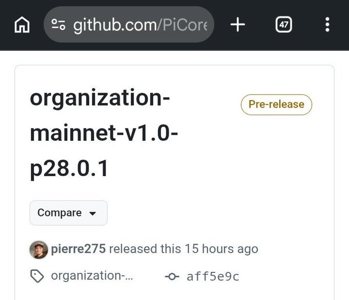 A screenshot of a GitHub release page on github.com/PiCore showing a "Pre-release" version labeled "organization-mainnet-v1.0-p28.0.1," published by user pierre275 15 hours ago with commit hash aff5e9c, corresponding to the post's announcement that V28 is now available on GitHub.