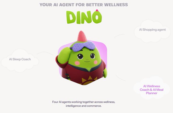 A promotional graphic for 'DINO', an AI agent for better wellness, showing a green dinosaur mascot surrounded by labels for AI Sleep Coach, AI Shopping agent, and AI Wellness Coach & AI Meal Planner.
