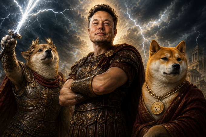 An AI-generated artistic image depicting Elon Musk in Roman armor between two Shiba Inu dogs, with lightning and a stormy sky in the background.