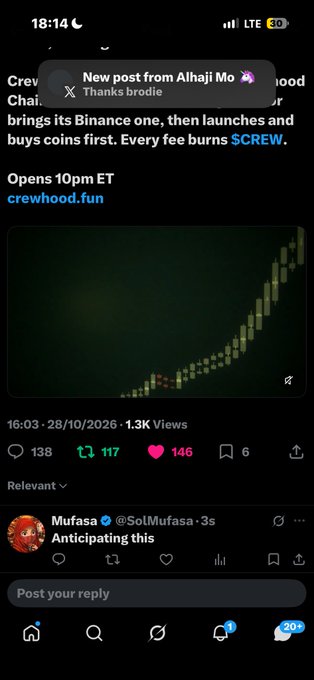 A mobile X/Twitter post about “creedwood.fun” mentions “Binance,” “SCREW,” and “Opens 10pm ET,” with a rising green chart and engagement counts including 138 replies, 117 reposts, 146 likes, and 6 bookmarks.