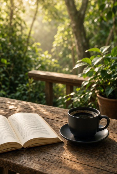 A black coffee cup on a saucer and an open book rest on a wooden table, with sunlight filtering through green trees in the background.