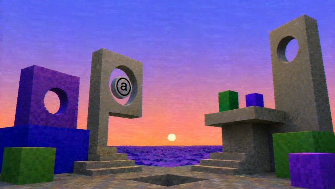 A 3D rendered surreal scene with colorful geometric block structures, gray totem-like pillars with circular cutouts (one displaying an '@' symbol), set against a purple-pink sunset sky over water.