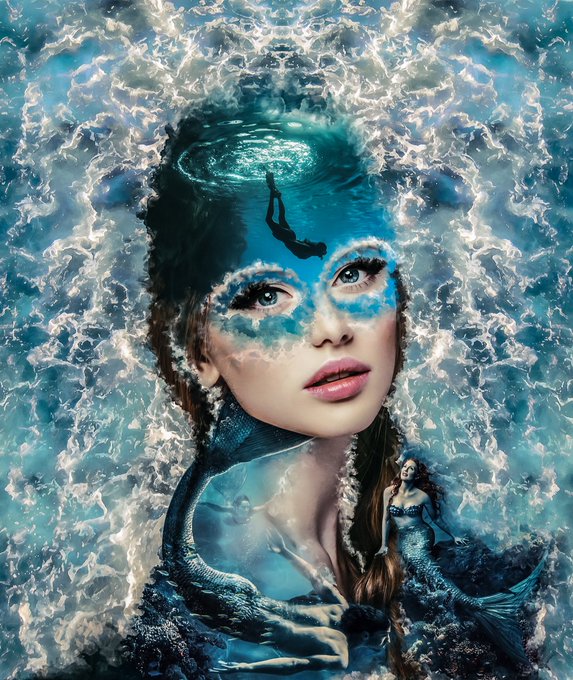 A surreal digital artwork featuring a woman's face merged with a diver submerging into a pool of water, alongside a mermaid figure emerging from crashing waves, all unified in a striking blue color palette. The image exemplifies the "My art in blue" theme through its cohesive oceanic blues and underwater motifs.