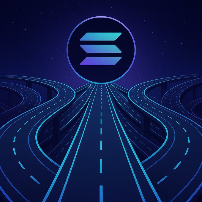 The image features a large blue circle with a purple "S" inside, surrounded by multiple roads that lead towards the center of the circle. The caption below the image reads "ALL ROADS LEAD TO SOLANA", suggesting that these roads are all leading to the Solana cryptocurrency.