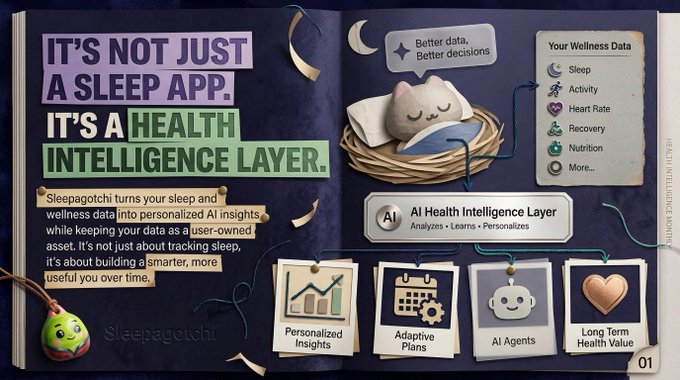 A promotional graphic for Sleepagotchi reads 'IT'S NOT JUST A SLEEP APP. IT'S A HEALTH INTELLIGENCE LAYER,' highlighting features like personalized insights, adaptive plans, AI agents, and long-term health value.