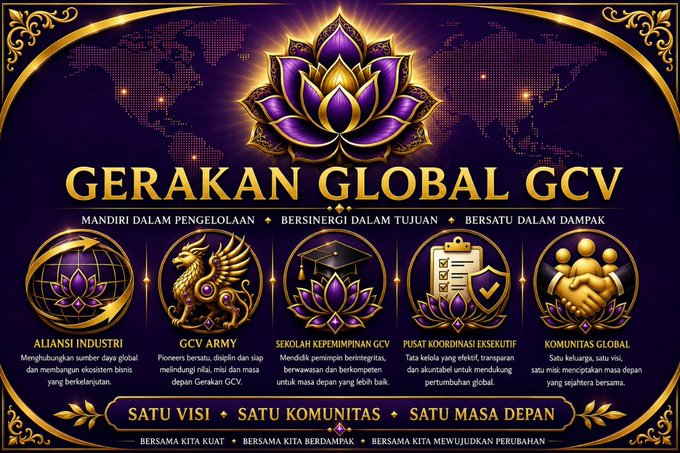 A promotional graphic for 'GERAKAN GLOBAL GCV' featuring a purple lotus logo and icons for 'ALIANSI INDUSTRI', 'GCV ARMY', 'SEKOLAH KEPEMIMPINAN GCV', 'PUSAT KOORDINASI EKSEKUTIF', and 'KOMUNITAS GLOBAL' with Indonesian text.