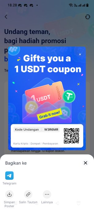 A mobile app screen in Indonesian showing a promotional pop-up for 'Gifts you a 1 USDT coupon' with a referral code 'W3R6MR' and a 'Bagikan ke' (Share to) Telegram option at the bottom.