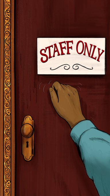 An illustration of a hand knocking on a red door with a 'STAFF ONLY' sign and a decorative golden border.