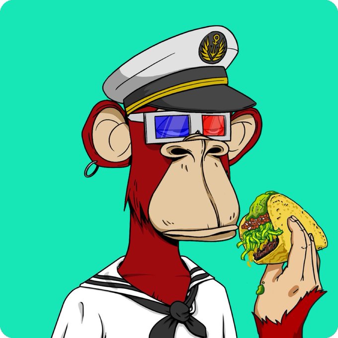 Digital illustration of a cartoon monkey wearing a sailor hat and 3D glasses, eating a taco against a teal background.