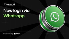 A promotional graphic featuring a green 3D WhatsApp logo button with text reading "rf hotstuff", "Now login via Whatsapp", and "Powered by pinxy".