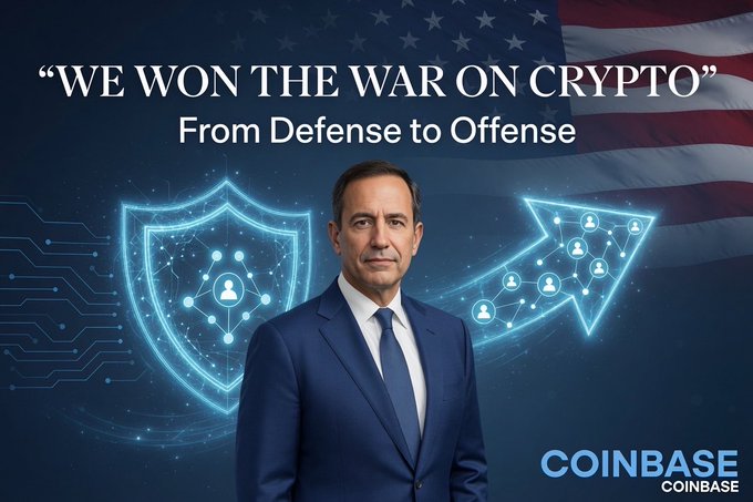 A man in a blue suit stands before an American flag backdrop with the headline "WE WON THE WAR ON CRYPTO: From Defense to Offense," flanked by glowing shield and arrow graphics symbolizing the shift from defensive to offensive strategy. The Coinbase logo appears in the bottom right, visually reinforcing Ryan VanGrack's declaration that the company has defeated the SEC case and is now pivoting toward proactive innovation and product expansion in crypto.