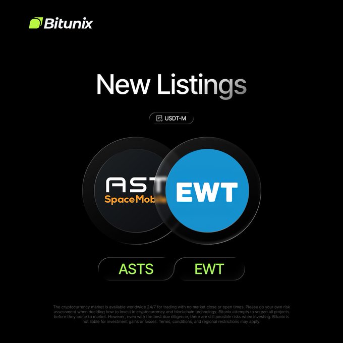 Bitunix announces new USDT-M futures listings for $ASTS (AST SpaceMobile Inc.) and $EWT (iShares MSCI Taiwan ETF), featuring their logos and ticker symbols on a sleek black background. The promotional image highlights the availability of these two new trading pairs on the platform.