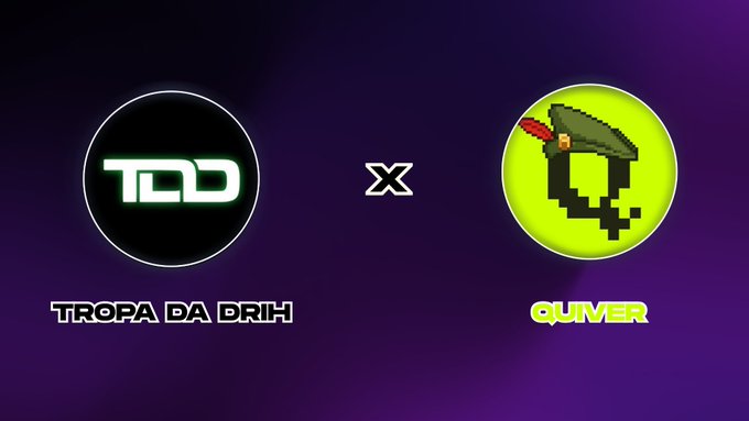 Promotional graphic for a collaboration between 'TROPA DA DRIH' (TDD) and 'QUIVER', featuring their respective logos on a purple background.