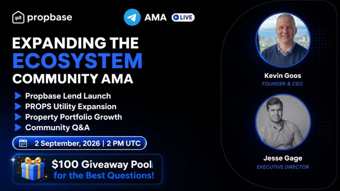 Propbase Telegram AMA announcement for 'Expanding the Ecosystem Community AMA' featuring Kevin Goos (Founder & CEO) and Jesse Gage (Executive Director), scheduled for 2 September 2026 at 2 PM UTC with a $100 giveaway pool.
