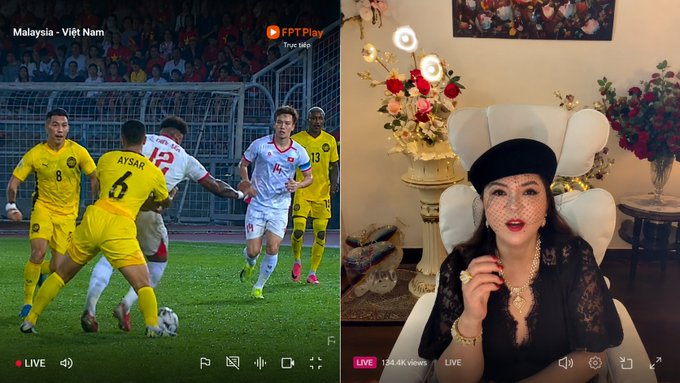 A split-screen screenshot shows a live soccer match between Malaysia and Vietnam on the left, and a woman in black with a hat and veil commentating on the right, with 'FPT Play' and 'LIVE' text visible.