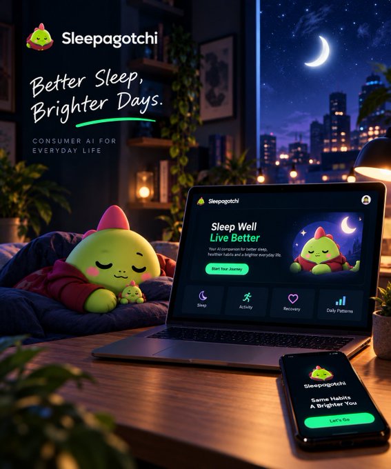 A promotional advertisement for "Sleepagotchi" featuring the tagline "Better Sleep, Brighter Days. Consumer AI for Everyday Life," showing the mascot on a laptop and phone screen in a cozy nighttime setting.