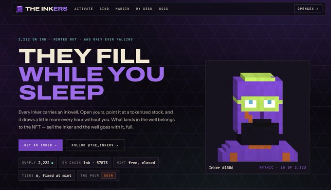 Screenshot of 'THE INKERS' NFT website featuring the text 'THEY FILL WHILE YOU SLEEP' alongside a purple voxel-art character labeled 'Inker #1506, MYTHIC - 15 OF 2,222'.