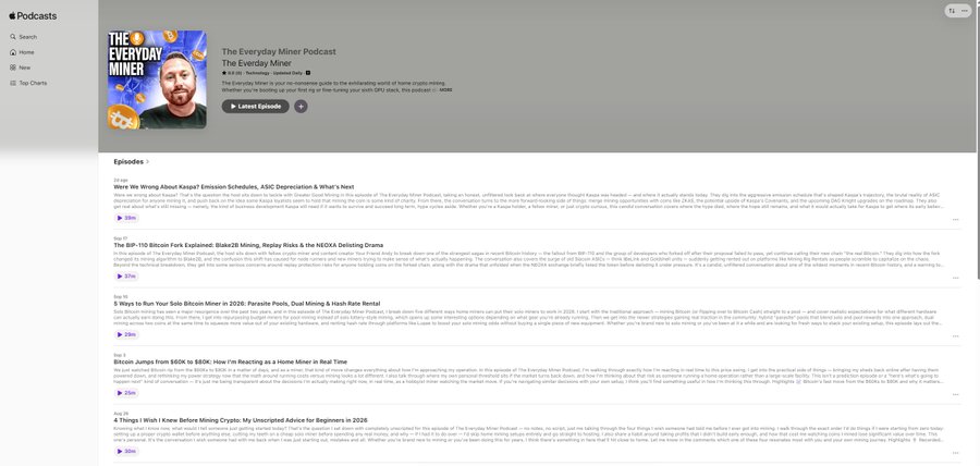 A screenshot of Apple Podcasts showing 'The Everyday Miner Podcast' titled 'The Everyday Miner,' with several episodes listed below including topics on Bitcoin mining and GPUs.