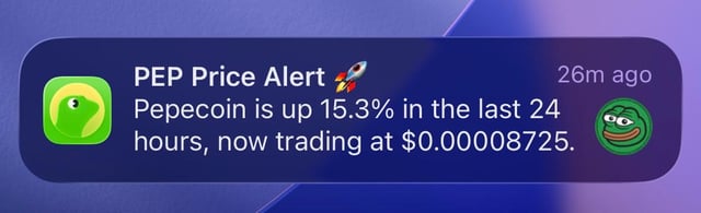 A price alert notification showing Pepecoin ($PEP) up 15.3% in the last 24 hours, now trading at $0.00008725, reflecting the post's excitement about renewed momentum in the token's price action.