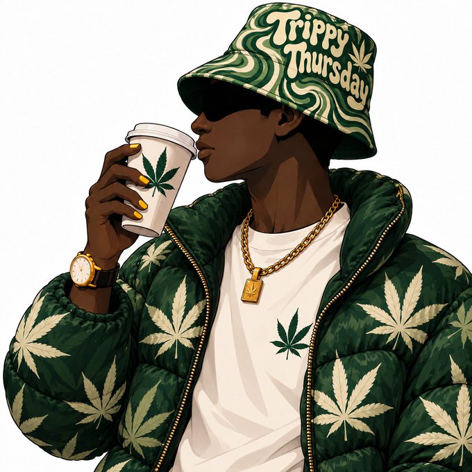 An illustration of a person wearing a bucket hat reading 'Trippy Thursday', a green marijuana-leaf patterned jacket, and sunglasses, drinking from a cup featuring a cannabis leaf.
