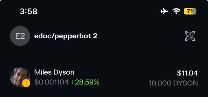 A mobile screen shows a digital wallet or trading interface displaying 'edoc/pepperbot 2' and a token called 'Miles Dyson' priced at $11.04 with a +28.59% gain.