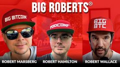 A parody image titled 'BIG ROBERTS' featuring three men in red caps labeled 'BIG BITCOIN' (Robert Marsberg), 'ROCON' (Robert Hamilton), and 'BTC ETC' (Robert Wallace).