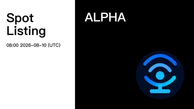A digital graphic displaying 'Spot Listing' on the left with timestamp '08:00 2026-08-10 (UTC)' and 'ALPHA' with a blue broadcast icon on the right.